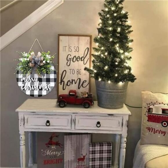 Christmas Wreath Signs, Wood Door Sign, Buffalo Plaid Front Door Decorations - Picture 2 of 7